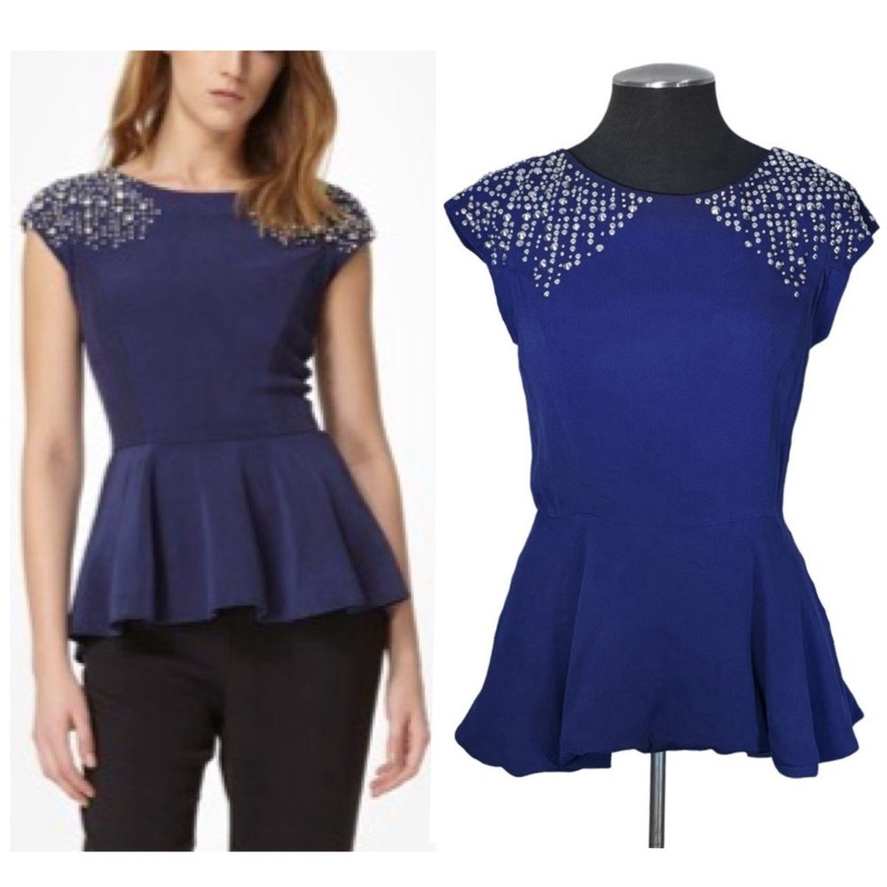 Rebecca Taylor – Royal Blue Stud Embellished Cap Sleeve Peplum Top – Size 6